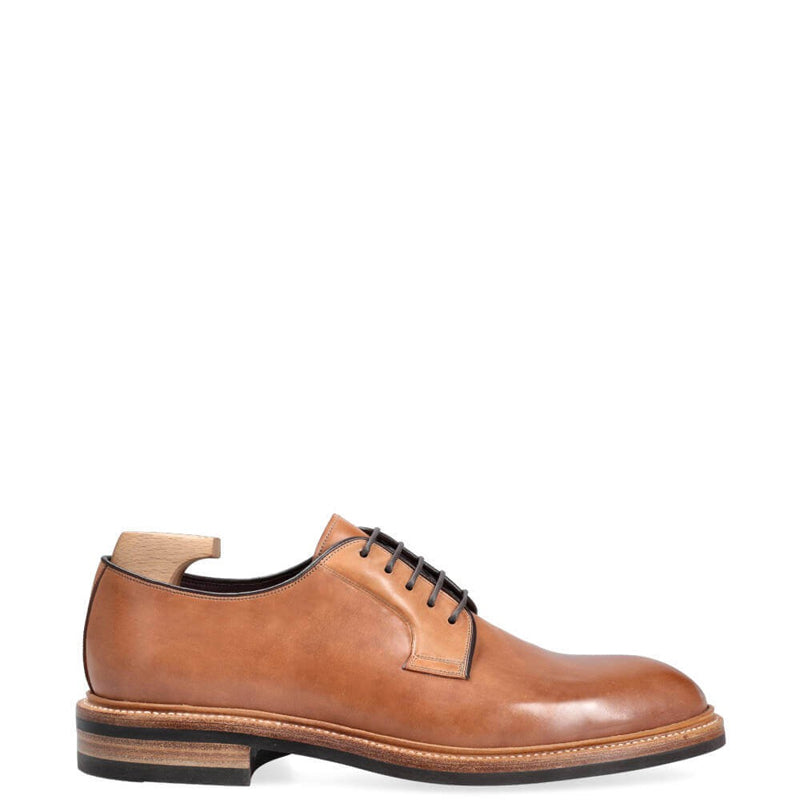 Plain Toe Polished Shiny Leather Derby Shoe Brown