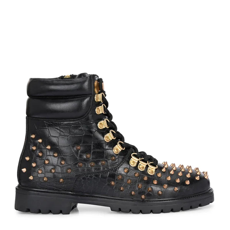 Croco Leather Studded Lace-Up Biker Boots