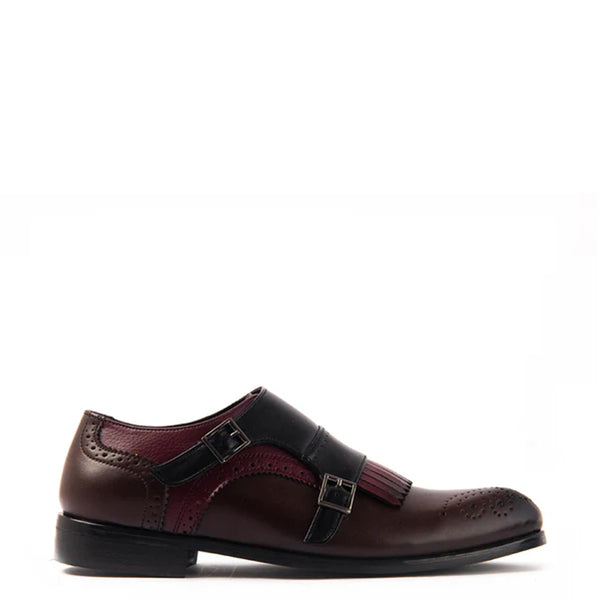 Classic Double Monk Strap Burgundy Shoe With Fringe