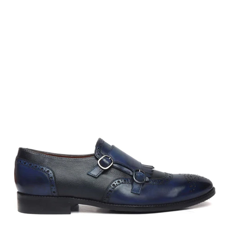 Leather Double Monk Strap Shoes With Fringes