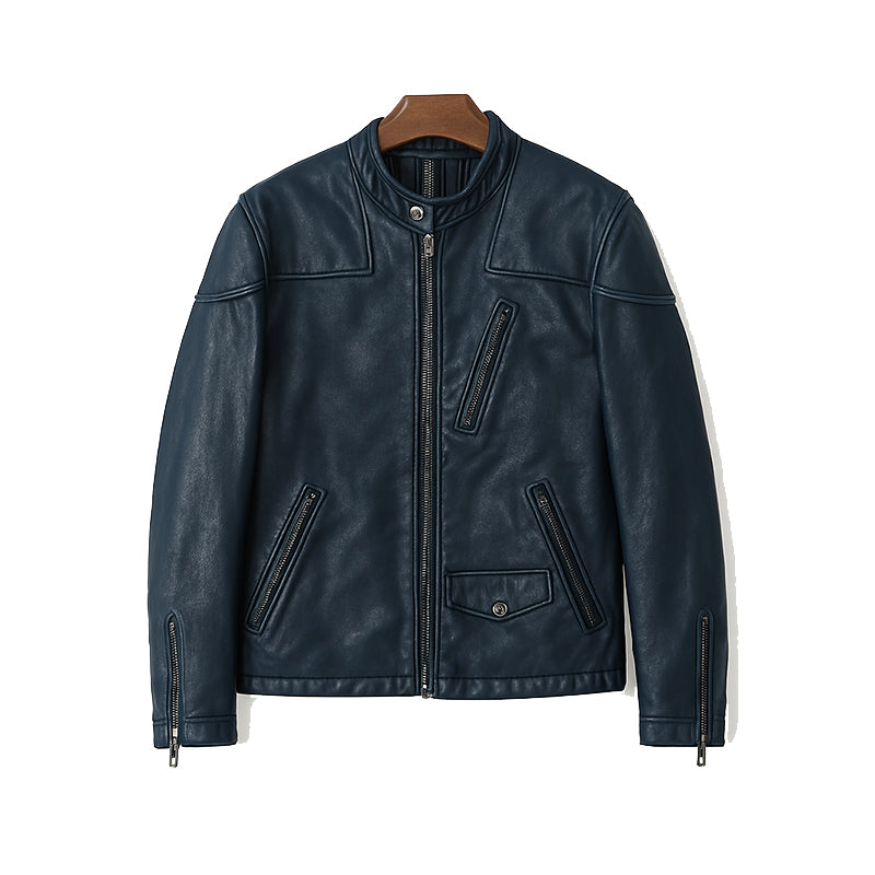 Men’s Zip-Up Vintage Blue Biker Jacket with Stand Collar & Pockets