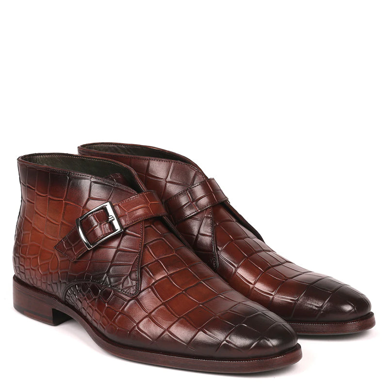 Single Monk Straps Croco Print Leather Ankle Boots