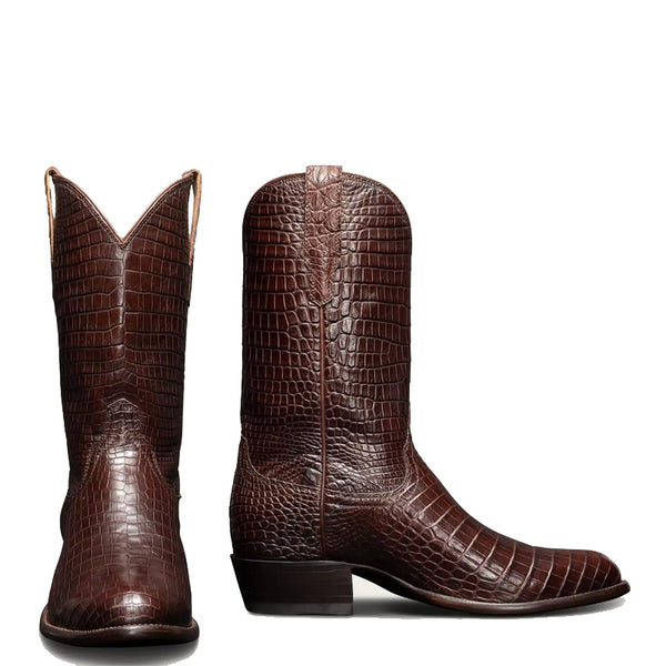 Coffee Crocodile Slip On Zipper Western Cowboy Boot Coffee