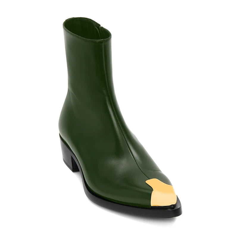 Punk Leather Boots Golden Toe Green