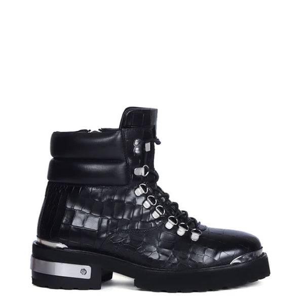 Croco Deep Cut Leather Lace UP Ankle Boot - Black