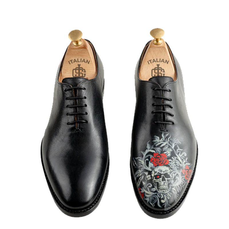 Skull Rose Black Wholecut Oxfords