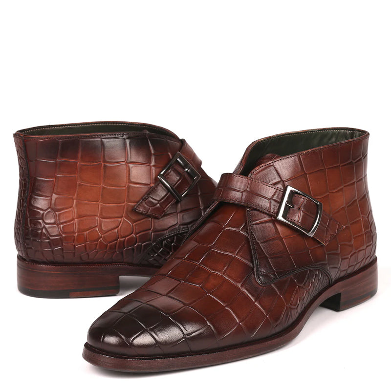 Single Monk Straps Croco Print Leather Ankle Boots