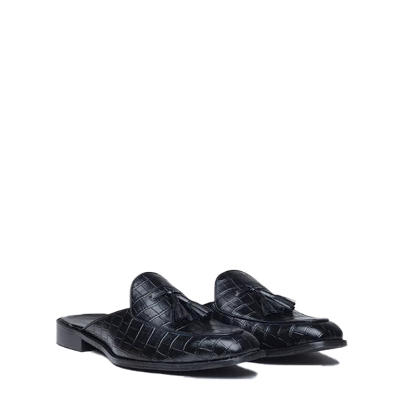 Croco Textured Leather Tassel Mule Shoe - Black