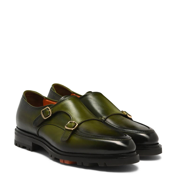 Double Monk Strap Leather Shoes For Men - Green