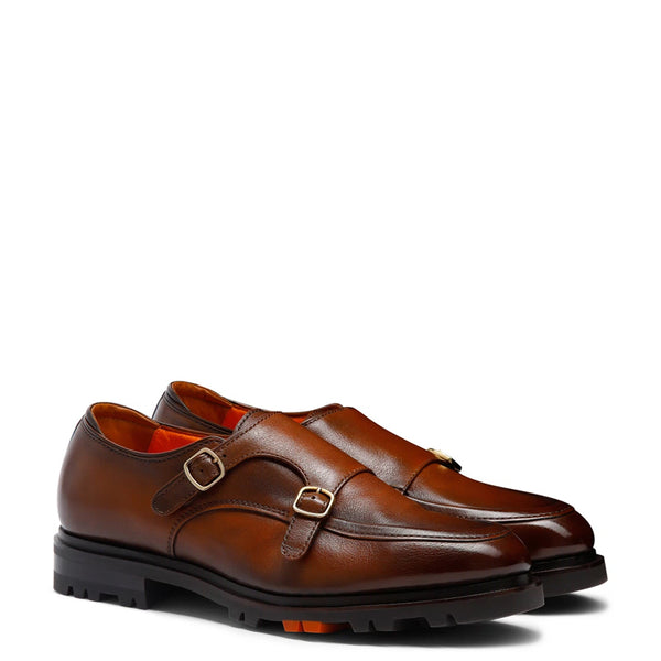 Double Monk Strap Leather Shoes For Men - Brown