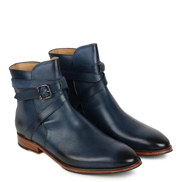 Leather Jodhpuri Chukka Boots With Buckle - Blue