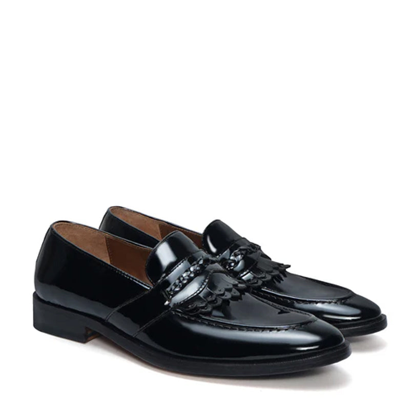 Patent Leather Slip-On Brown Loafer With Dual Fringes