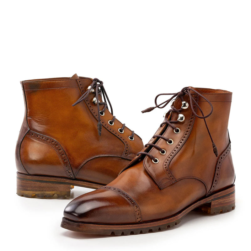 Leather Lace-Up Cap Toe Boots For Men