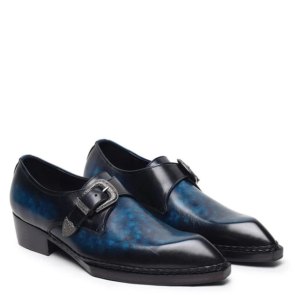 Plain Leather Single Monk Shoe With Side Buckle - Blue