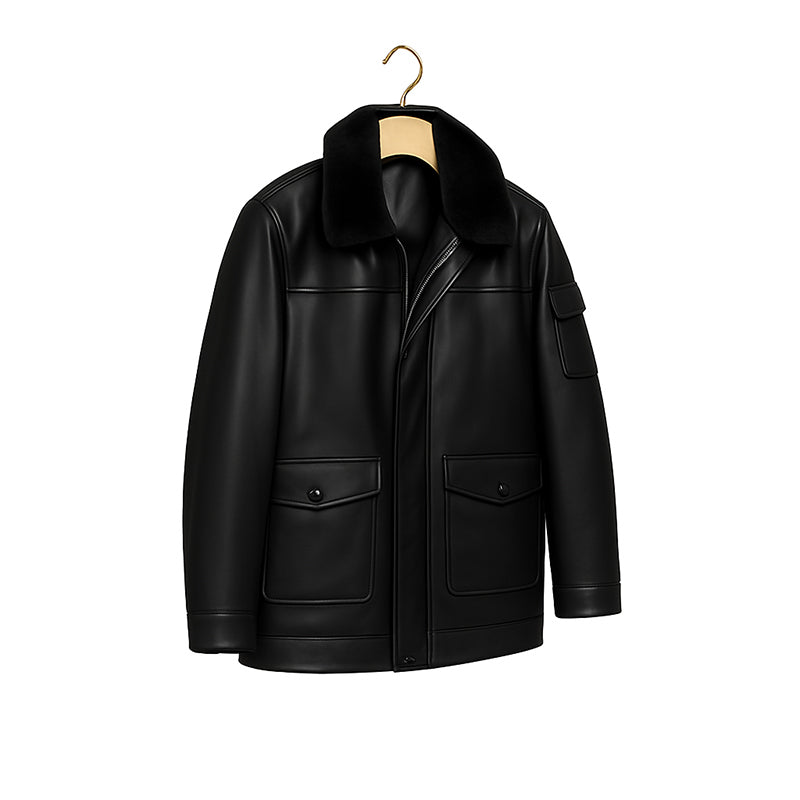 Men s Luxurious Black Front Pocket Jacket with Fur Collar