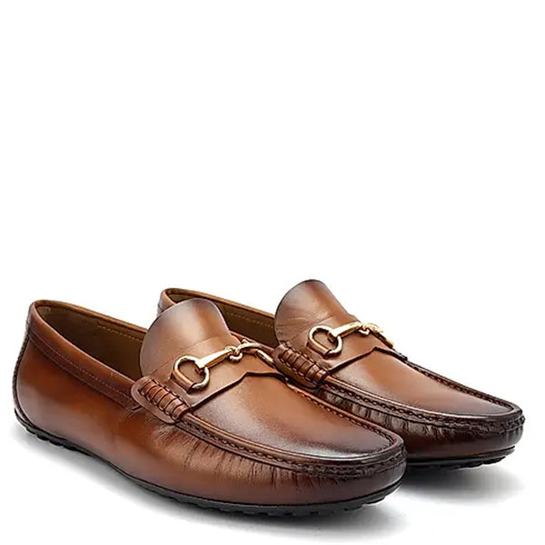 Men Solid Leather Buckled Formal Tan Loafer - Tan