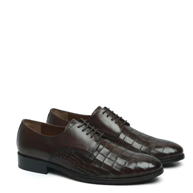 Croco Print Lace-Up Leather Derby Shoes