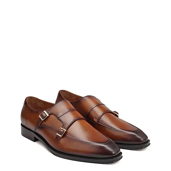 Leather Antique Formal Double Monk Strap Shoe Tan - Tan
