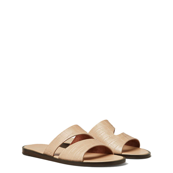 Croco Leather Double Strap Sandal - Beige