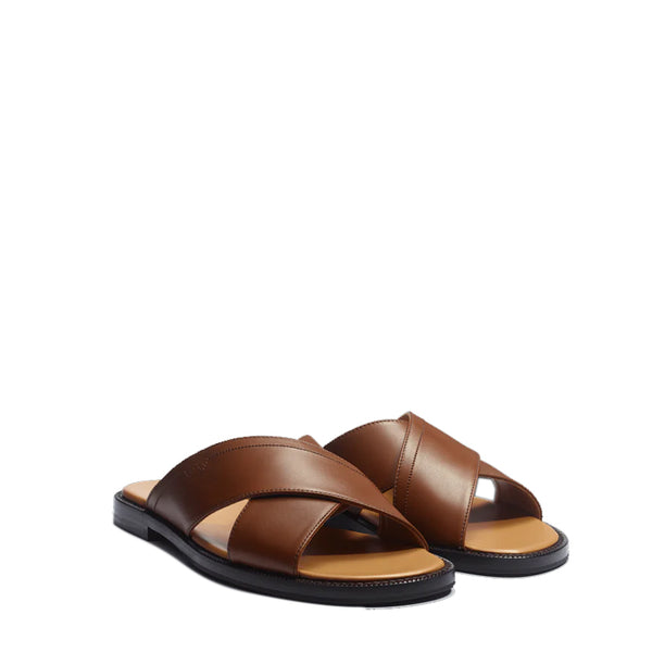 Leather Cross Strap Sandals For Men - Brown