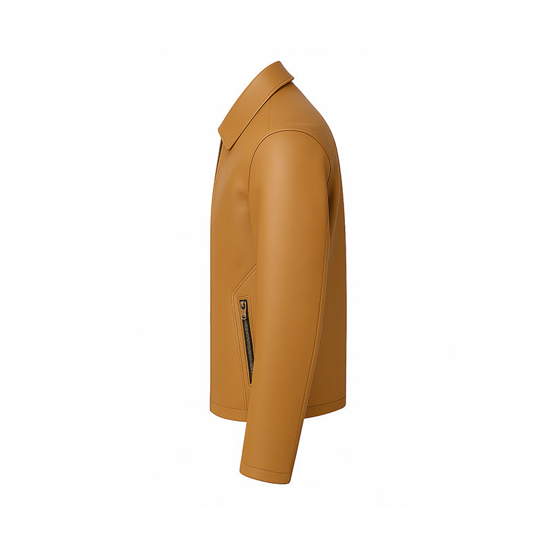 Men's Plain Casual Beige Leather Jacket with Collar