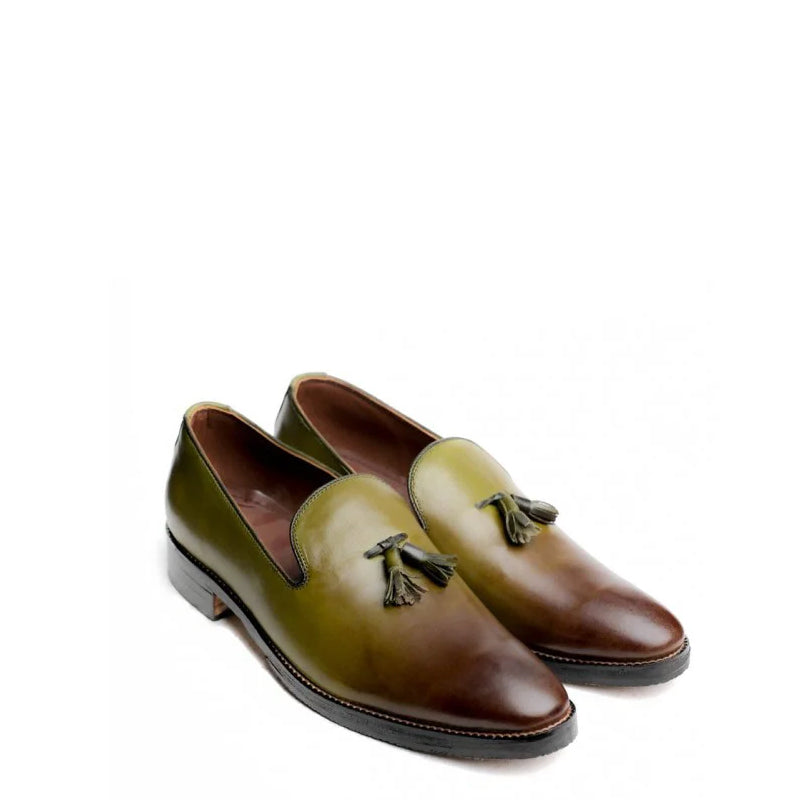 Casual Olive Slip On Leather Tassel Loafer