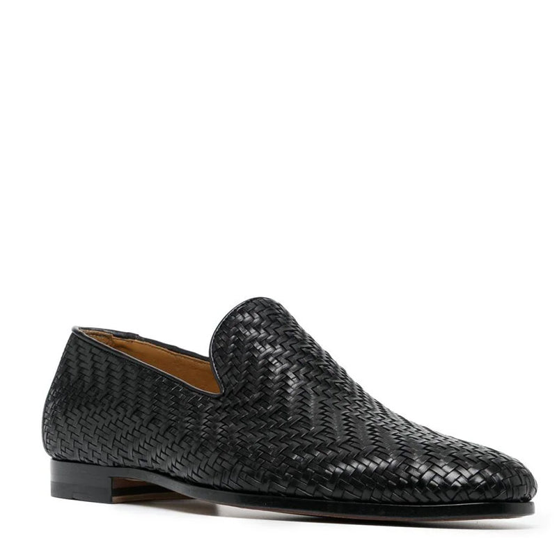 Dark Black Woven Leather Loafers For Men