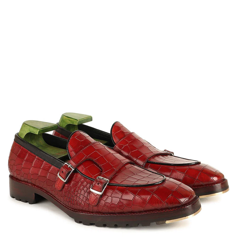 Patina Croco Leather Double Monk Straps Shoes