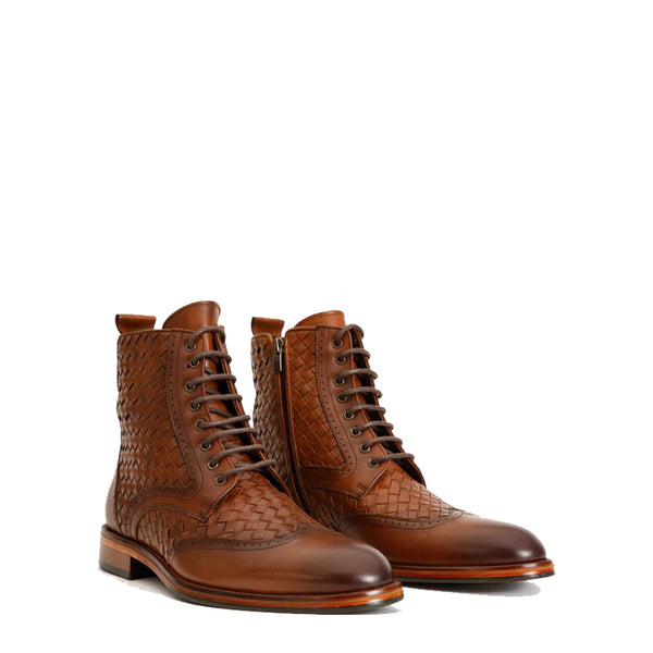 Leather Wingtip Brogue Lace Up Men Boot with Zipper - Brown
