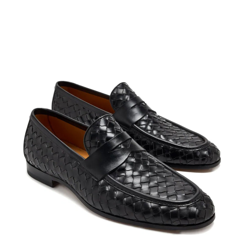 Black Woven Texture Leather Loafer for Men