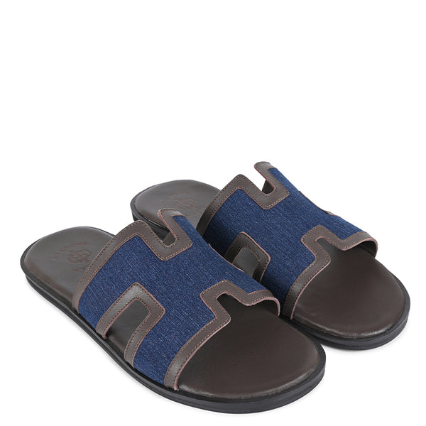 Luxury H Style Leather Sky Slipper For Men - Blue / Brown