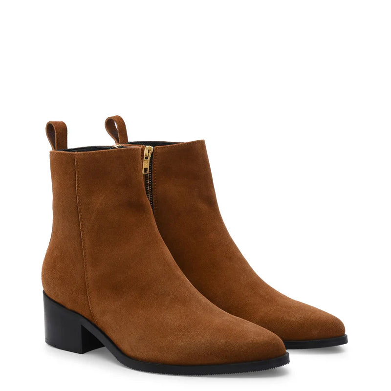 Suede Leather High Heel Side Zipper Boot Tan