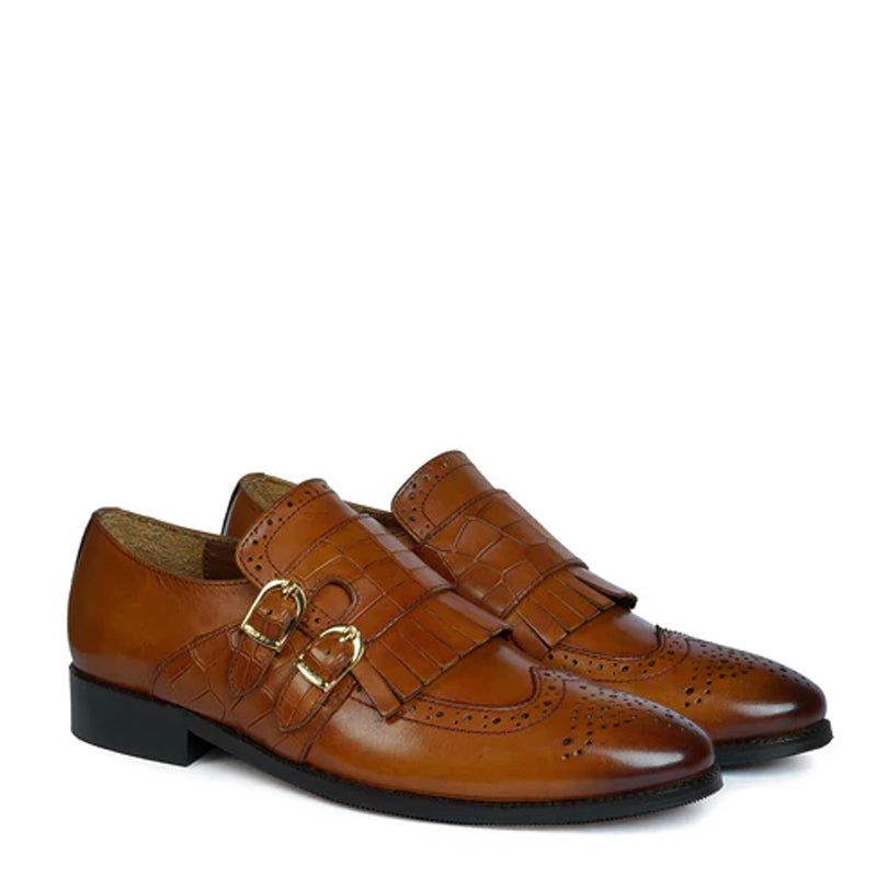 Men Leather Double Monk Strap Shoes with Fringes