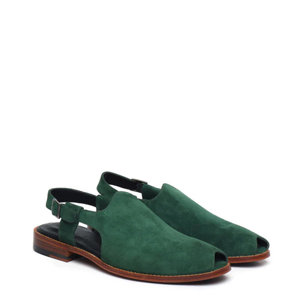 Suede Handmade Leather Peshawari Maroon Sandal - Green
