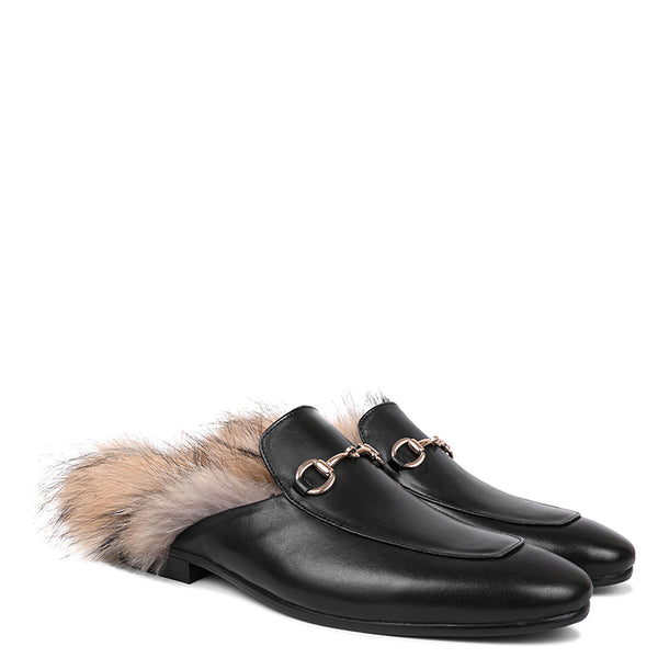 Premium Leather Mule With Fur - Black