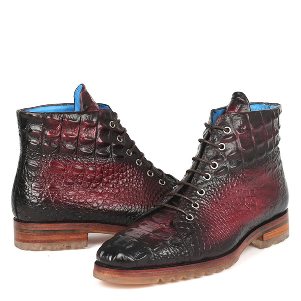 Hand Painted Croco Print Leather Lace Up Boot Burgundy