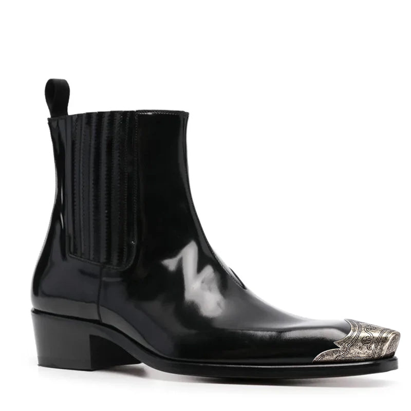 Negra Patent Leather Chelsea Boots with Silver Toe