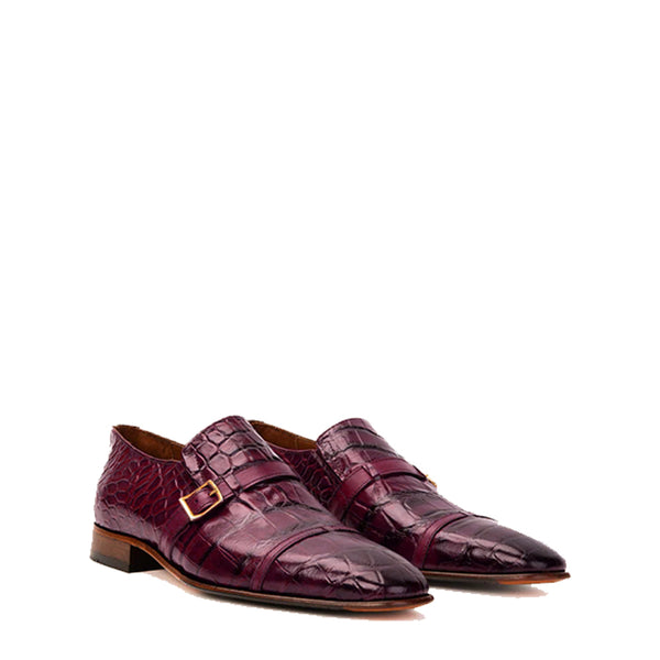 Leather Single Monk Strap Cap Toe Men Shoe - Wine