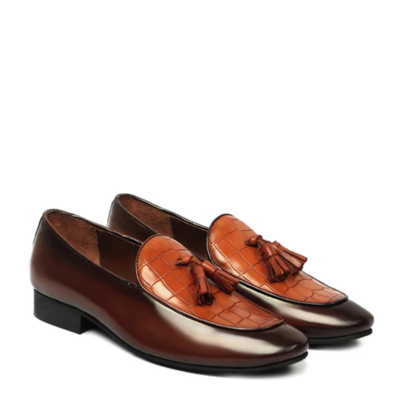 Croco Leather Tan Brown Tassel Loafer With Deep Cut