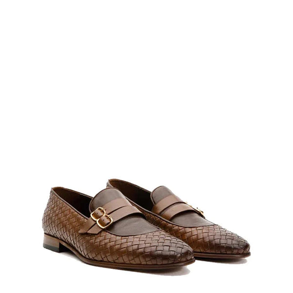 Men Leather Woven Double Monk Strap Shoe - Brown