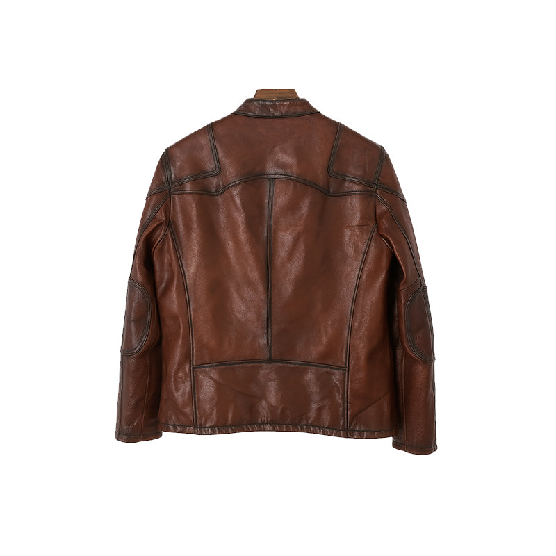 Men’s Zip-Up Vintage Burgundy Biker Jacket with Stand Collar & Pockets