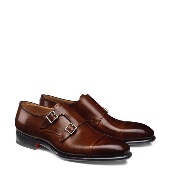 Leather Double Monk Strap Men Shoes - Dark Brown