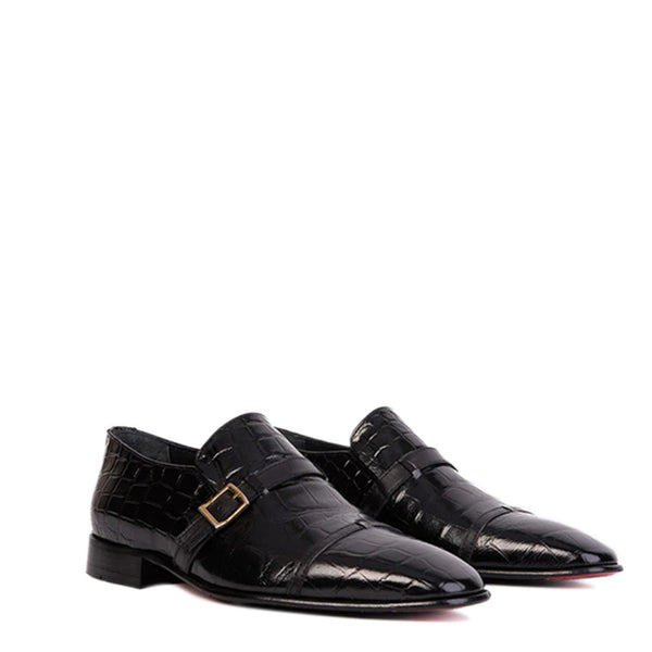 Leather Single Monk Strap Cap Toe Men Shoe - Black