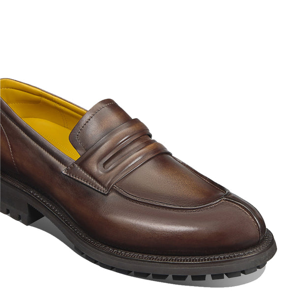 Mens Leather Round Toe Penny Loafer in Chunky Sole