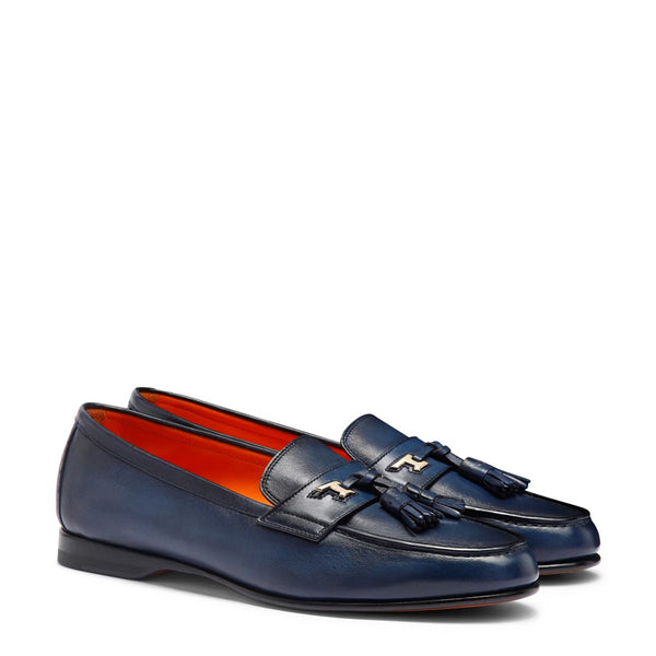 Polished Leather Tassel Loafer For Men - Blue