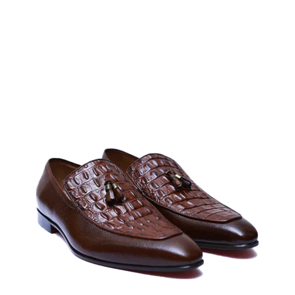 Croco Print Leather Tassel Loafer For Men - Brown