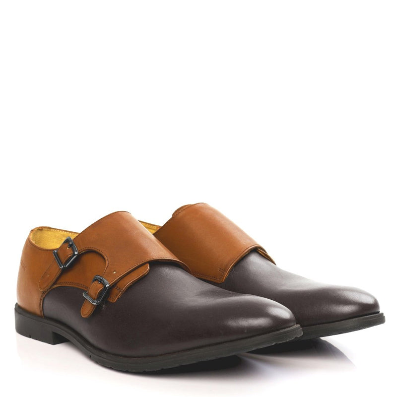 Leather Double Monk Strap Black and Gray Shoe For Men