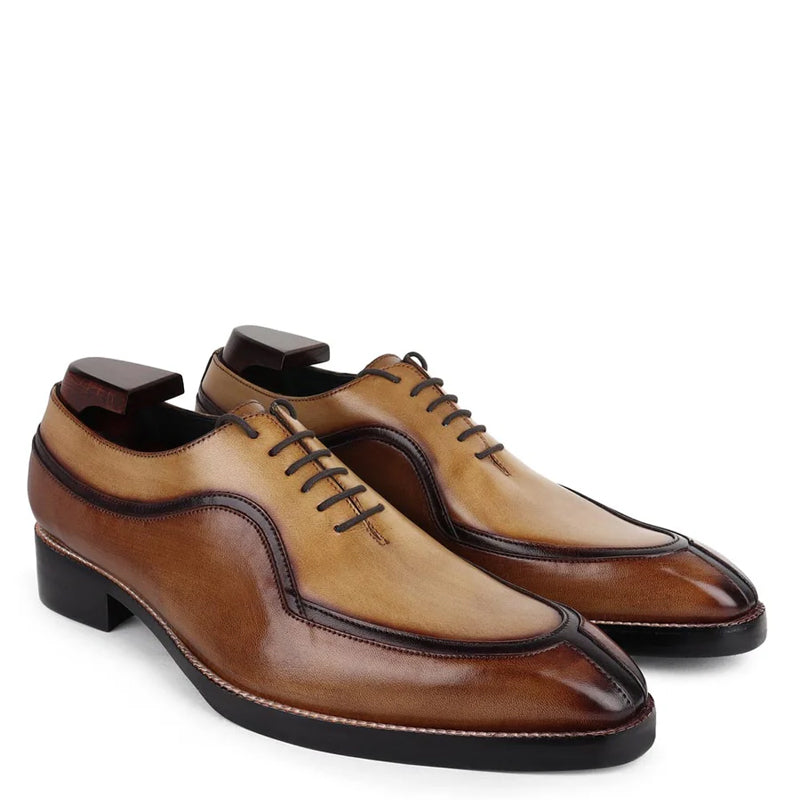 Luxury Patina Split Toe Italian Leather Oxford Shoe Tan