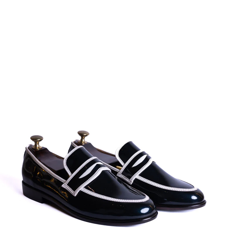 Patent Handmade Shiny Leather Blue and White Loafer