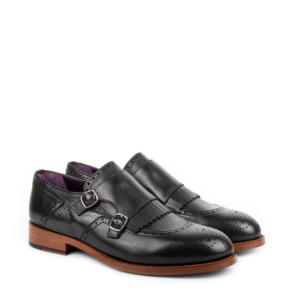 Premium Italian Leather Stylish Double Monk Shoe Tan - Black